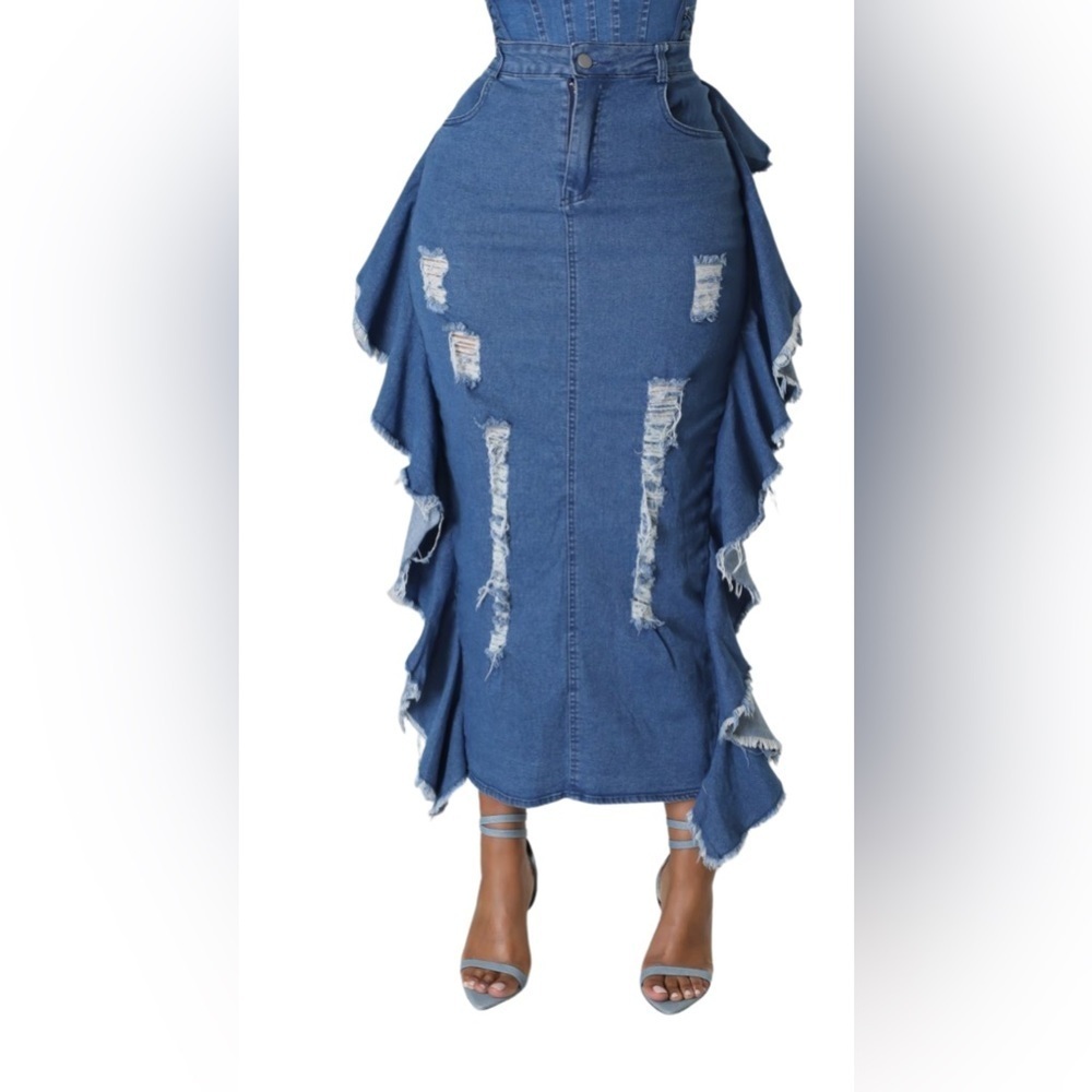Denim Ruffle Distressed Skirt